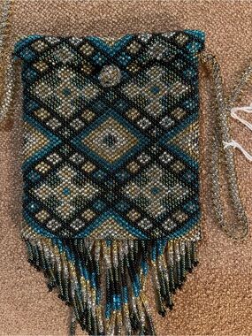 Vintage and handmade Beaded Mini Fringe Crossbody Bag in Teal, Black & Gold